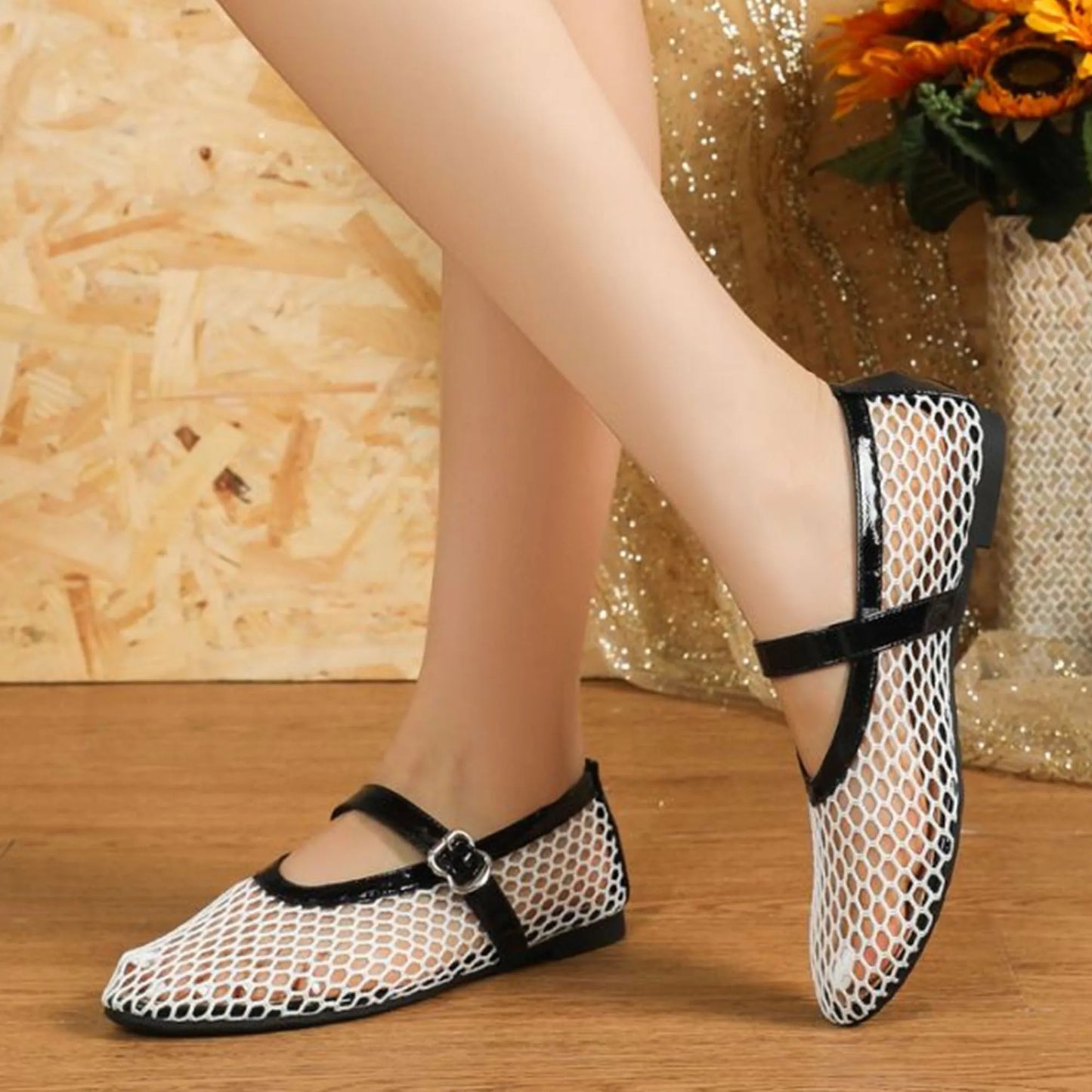 White Black Mesh Round Toe Buckle Strap Fishnet Ballet Flats
