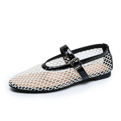 White Black Mesh Round Toe Buckle Strap Fishnet Ballet Flats