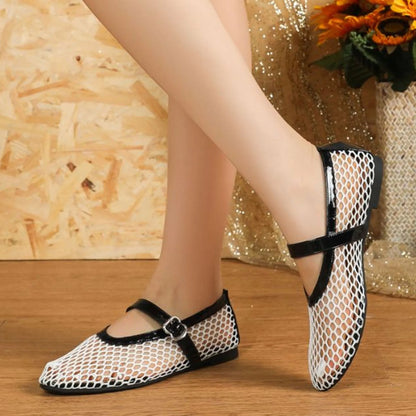 White Black Mesh Round Toe Buckle Strap Fishnet Ballet Flats