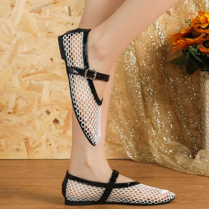 White Black Mesh Round Toe Buckle Strap Fishnet Ballet Flats