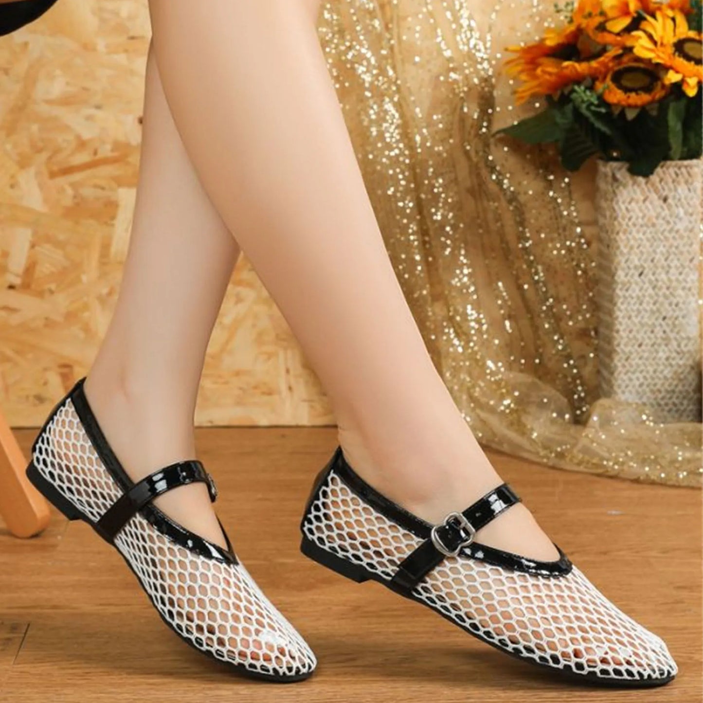 White Black Mesh Round Toe Buckle Strap Fishnet Ballet Flats