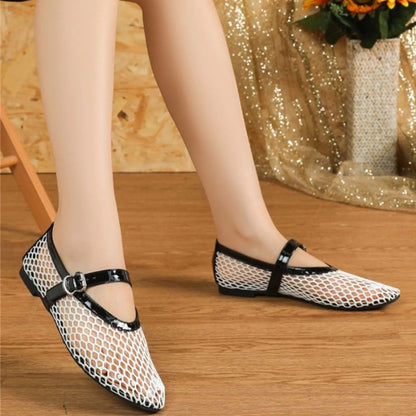 White Black Mesh Round Toe Buckle Strap Fishnet Ballet Flats