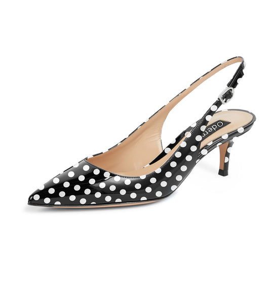 White Dots Pointed Toe Buckle Strap Kitten Low Heeled Sandals 2 Inch