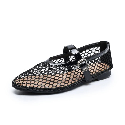 Black Mesh Round Toe Buckle Strap Fishnet Ballet Flats
