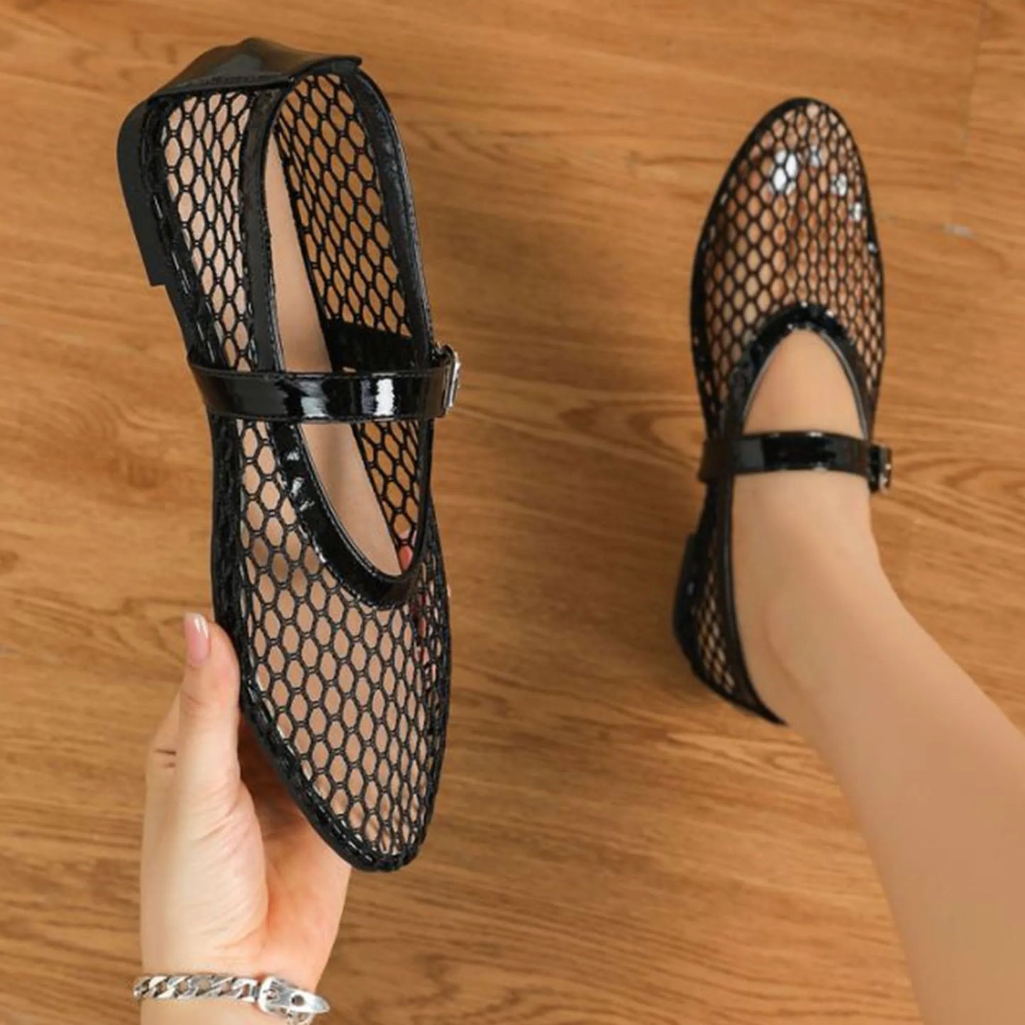 Black Mesh Round Toe Buckle Strap Fishnet Ballet Flats