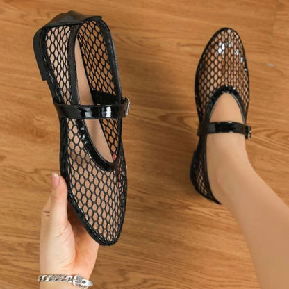 Black Mesh Round Toe Buckle Strap Fishnet Ballet Flats