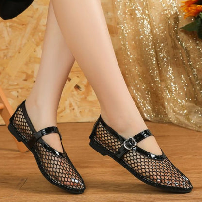Black Mesh Round Toe Buckle Strap Fishnet Ballet Flats