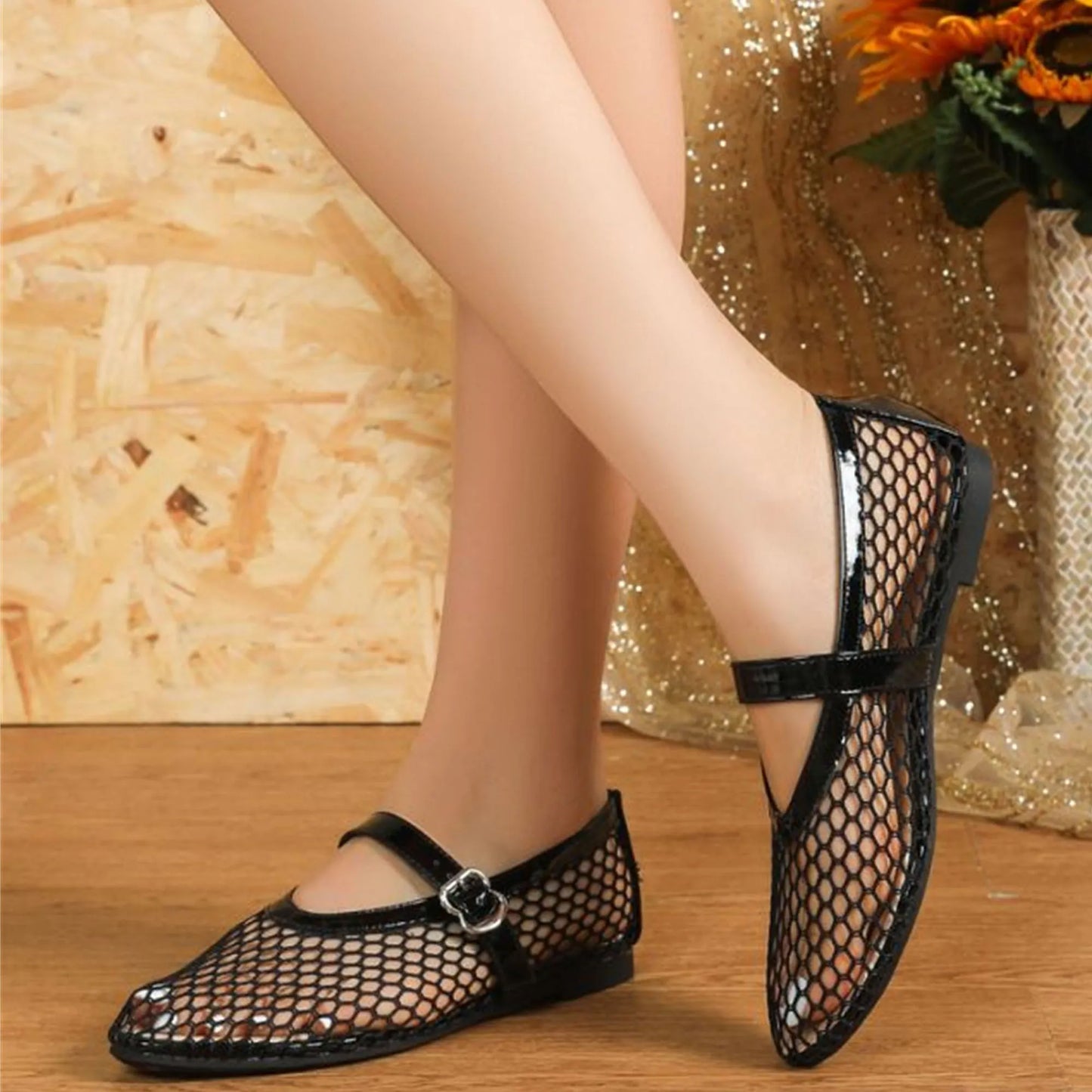 Black Mesh Round Toe Buckle Strap Fishnet Ballet Flats