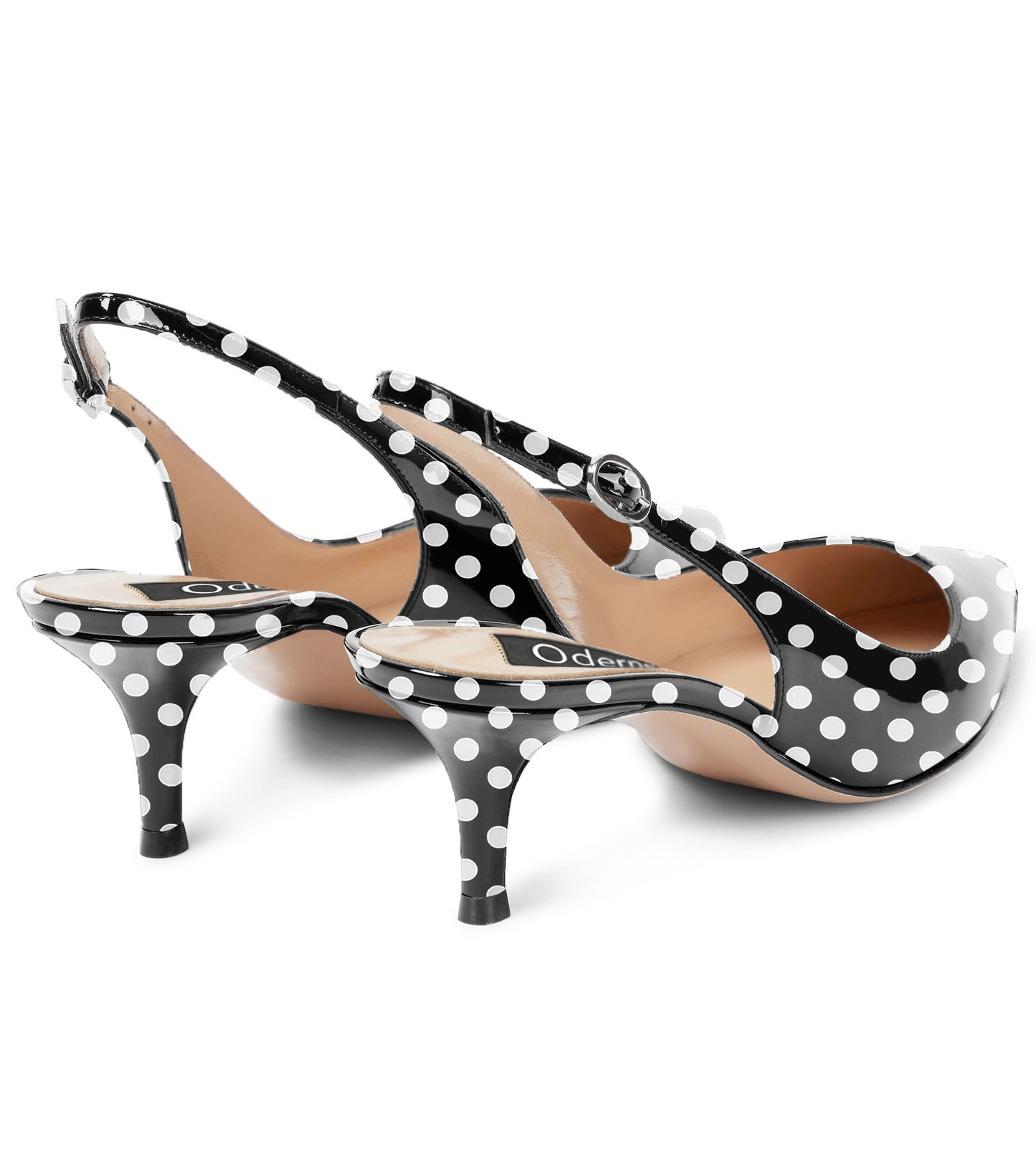 White Dots Pointed Toe Buckle Strap Kitten Low Heeled Sandals 2 Inch